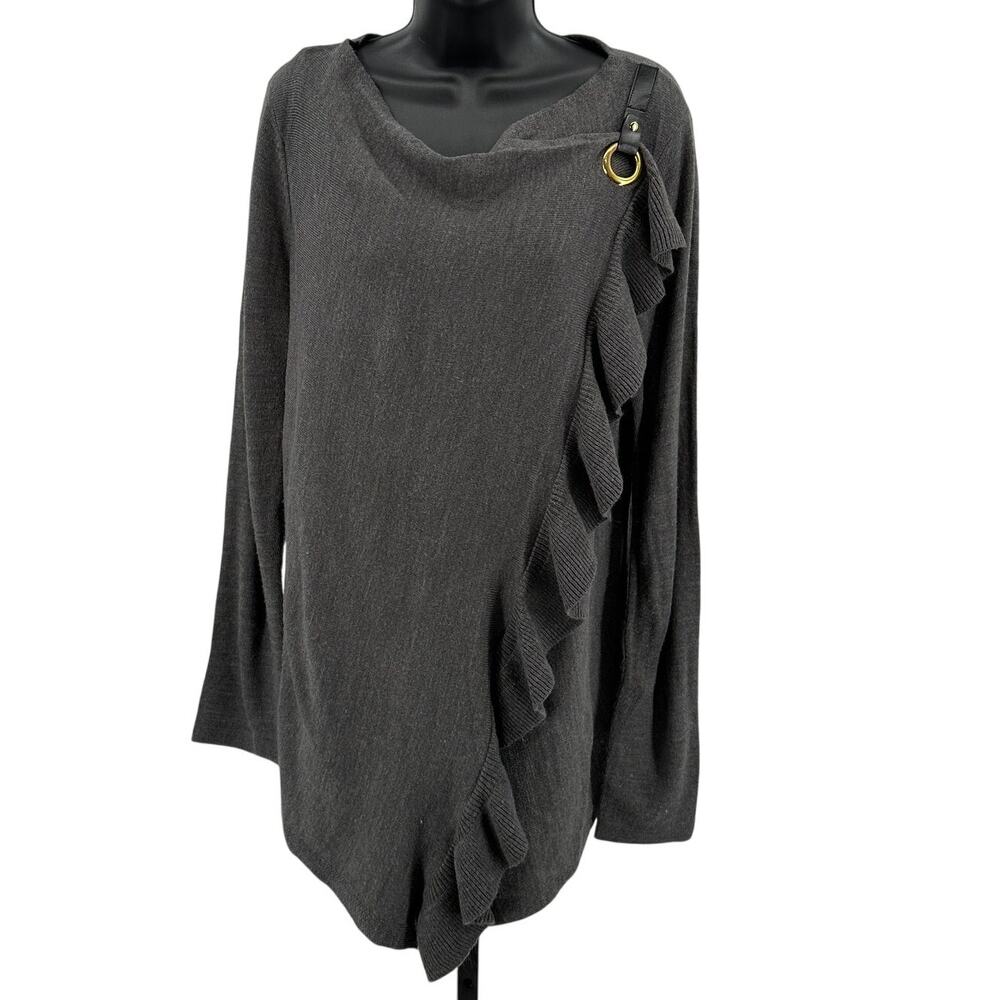 Briggs Sweater WMNS M Tunic Knit Gray Drape Collar Grommet Ruffle Asymmetric Hem